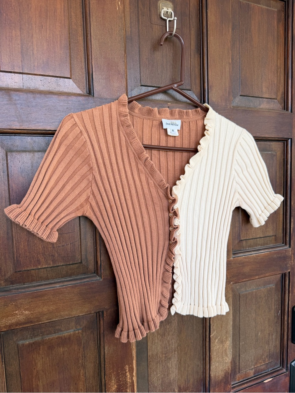 Finders Keepers Ribbed Two-Tone Ruffle-Edge Top — Brown & Cream